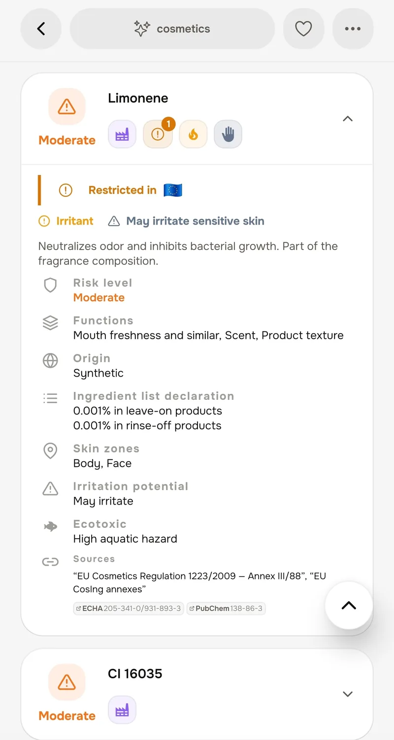 Etiq cosmetic ingredient card: safety level, restrictions, irritation, function and sources